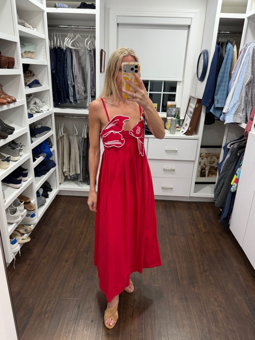Amazon Red Maxi Dress with Fish Appliqué Accents S